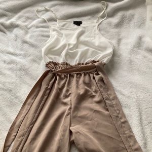 White and brown full pant romper with waist tie